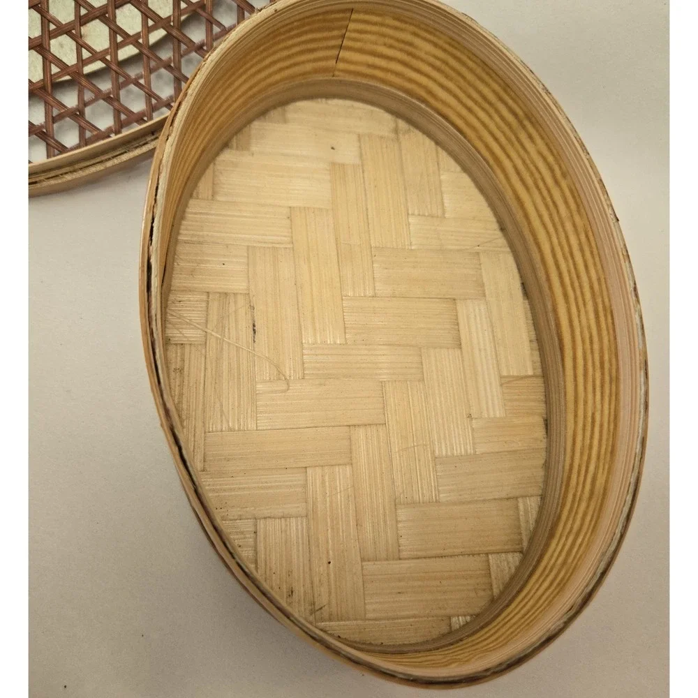 Vintage Chinese Woven Bamboo Rattan Sewing Basket Trinket Box w/Lid Design Scene